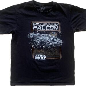 Star Wars Mens Lg T-Shirt - Millennium Falcon Boxed Over Blue Print black shirt